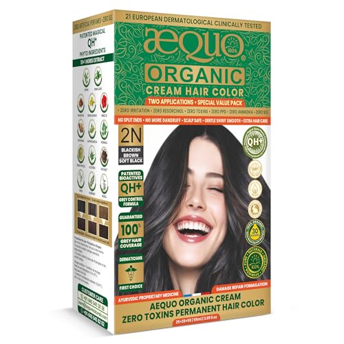 Image of Aequo Organic Cream Hair Color 2N Blackish Brown - Herbal-Based Hair Dye for Grey Hair Coverage | Ammonia-Free Formula | QH+ Blend | 2 Applications (115 ml)