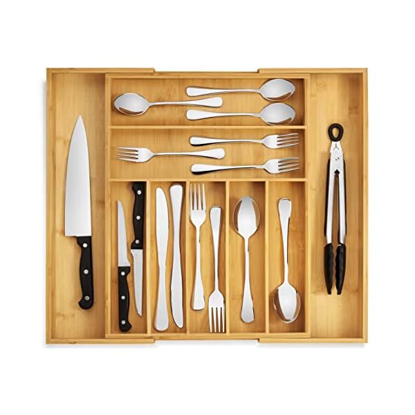 Premium Bamboo Silverware Organizer - Expandable Kitchen Drawer Organizer and Utensil Organizer, Perfect Size Cutlery Tray with Dividers for Kitchen Utensils and Flatware (7-9 Slots) (Natural)
