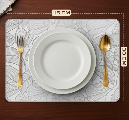 Image of Yellow Weaves 1 Pc PVC Table Placemats, Dining Table Mat, Stain Resistant, Anti-Skid, Waterproof, Washable, Dining, Kitchen, Restaurant Table Set Easy to Clean, Durable (Leaf Silver)