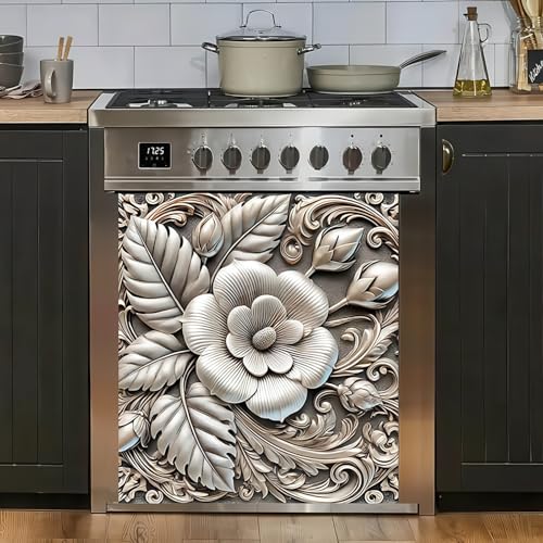 Image of HOMETITUTE Embossed Floral Magnetic Dishwasher Cover 23x26 Inch Decorative Appliance Panel Door Wrap for Kitchen Metal Surface Dishwasher Magnet Sticker Leaf Blossom Relief Design
