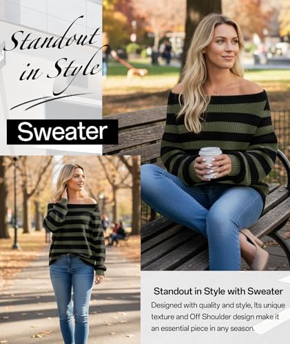 Image of MARZXIN Women's 2026 Fall Long Sleeve Sweaters Casual Loose Striped Off Shoulder Casual Oversized Knitted Sweater Pullovers