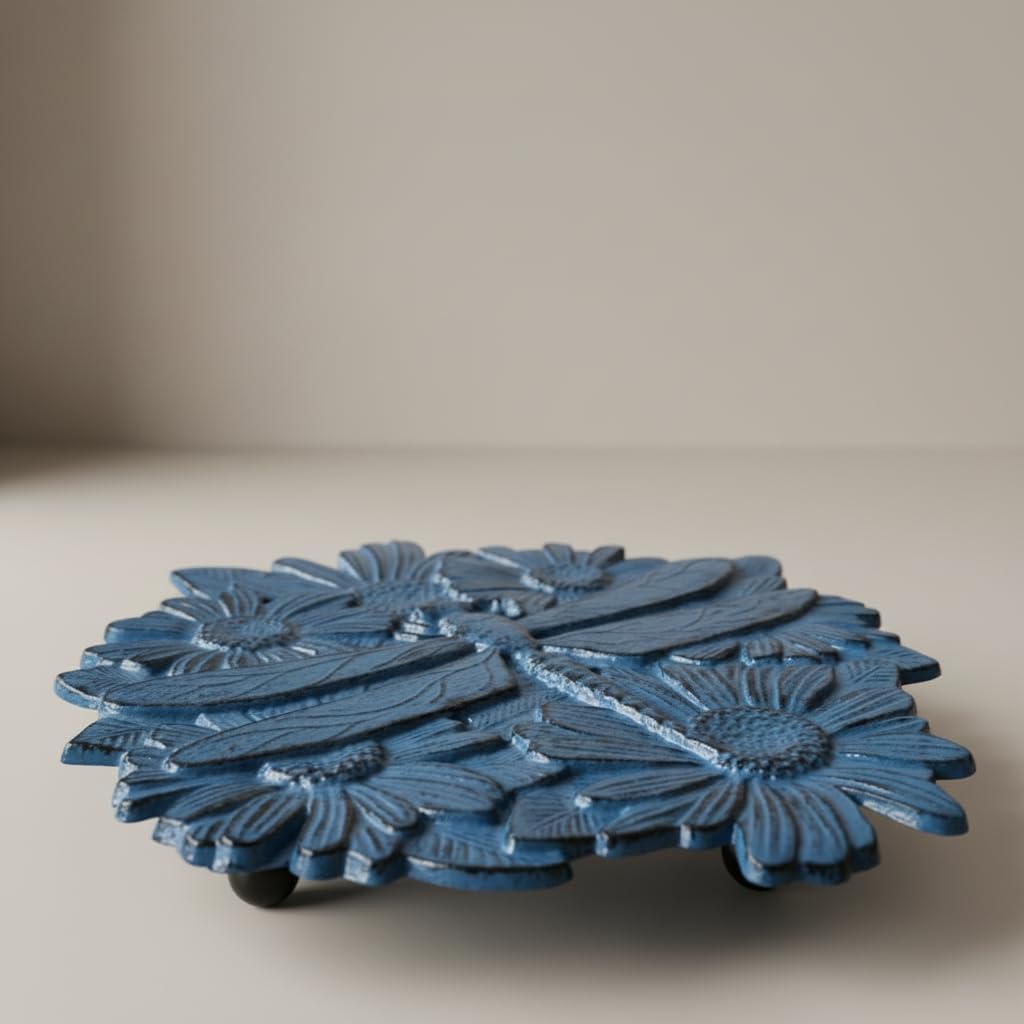 Comfy Hour 14" Flower & Dragonfly Cast Iron Plant Caddy with Wheels, Heavy Duty Rolling Flowerpot Stand, Decorative Plant Dolly for Large Pots, Artisan Crafted Metal Base, Blue, 1 Unit