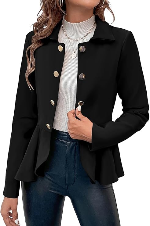 Cicy Bell Elegant Women Blazer Business Work Office Peplum Hem Jacket Open Front Herringbone Coats Black2