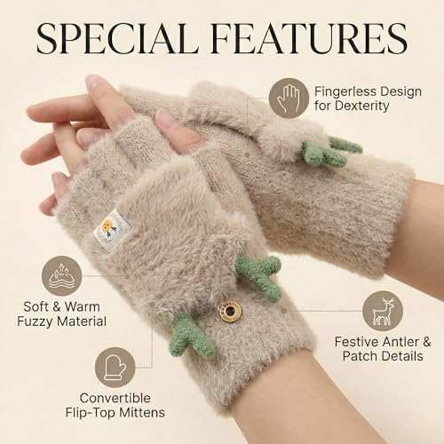 Image of Kraptick Women's Cute Reindeer Plush Convertible Fingerless Gloves - Winter Warm Fluffy Flip-Top Mittens - Korean Style Soft Hand Warmers for Girls & Ladies (Free Size, White)-3