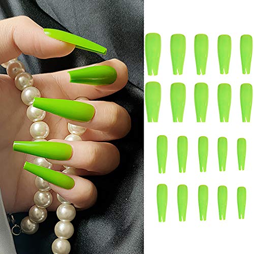 24 Pcs Press on Nails Coffin, Luvehandicraft Long Glossy Fake Nails Coffin, False Nails with Glue for Women and Girls (Green)
