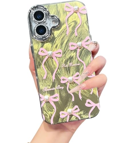 Image of VONZEE Compatible with iPhone 17 6.3'' Case Luxury Pink Girly Cute 3D Bow Pearl Glitter Bling Case with Full Camera Protection Shockproof PC+TPU Glossy Shiny Cover for Girls Women, Green