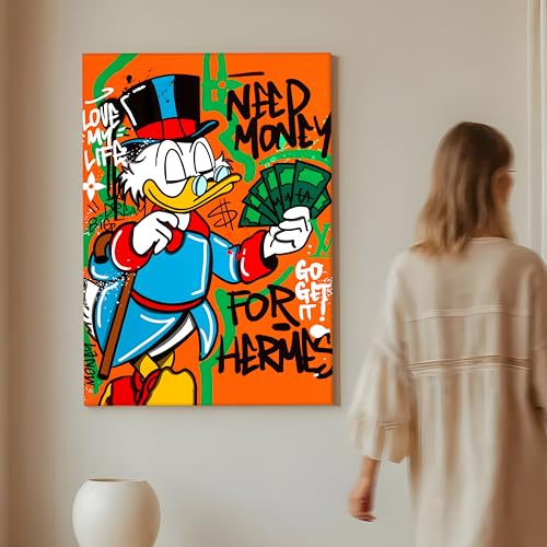 Image of Modern Pop Art Duck Money Canvas Wall Art Painting For Living Room | Graffiti Street Painting | Bold Cartoon Artwork for Living Room, Office & Cafe Decor, 56x86 cm