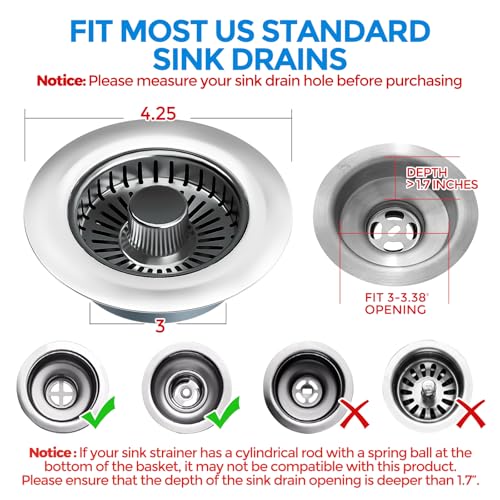 Image of zaa Kitchen Sink Drain Strainer - Kitchen Sink Stopper, 304 Stainless Steel Sink Drain Stopper, Sink Protector for Kitchen with Anti-Clog Filter, Fit US Standard 3-1 /2'' Sink Drain Hole, Gray | Kitchen Sink Accessories 1 Pack Brushed Grey Stainless - Food Catcher, Odor-Blocking Seal, Fits 3.5 inch Drain