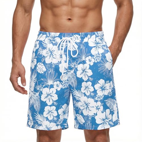 Fastkoala Hommes Hawaïen Shorts Tropique Plage Pantalons Floral Casual été Vacances Coton Cordon à Tirage Poche Bleu M