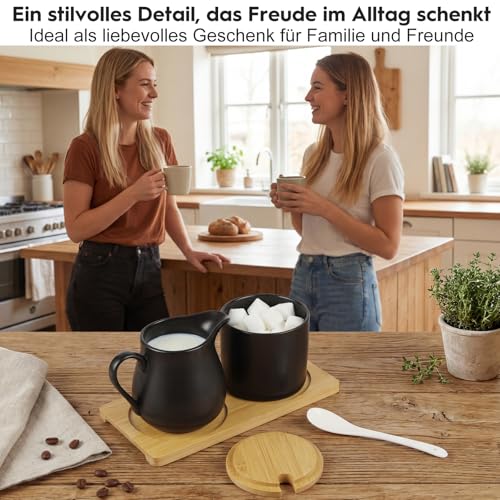 QZYIPI Milch und Zucker Set mit Deckel und Löffel – Zuckerdose und Milchkännchen Set aus Keramik mit Holztablett, Zuckerdose mit Deckel, Kaffee Zucker Milch Set für Küche & Café, Schwarz
