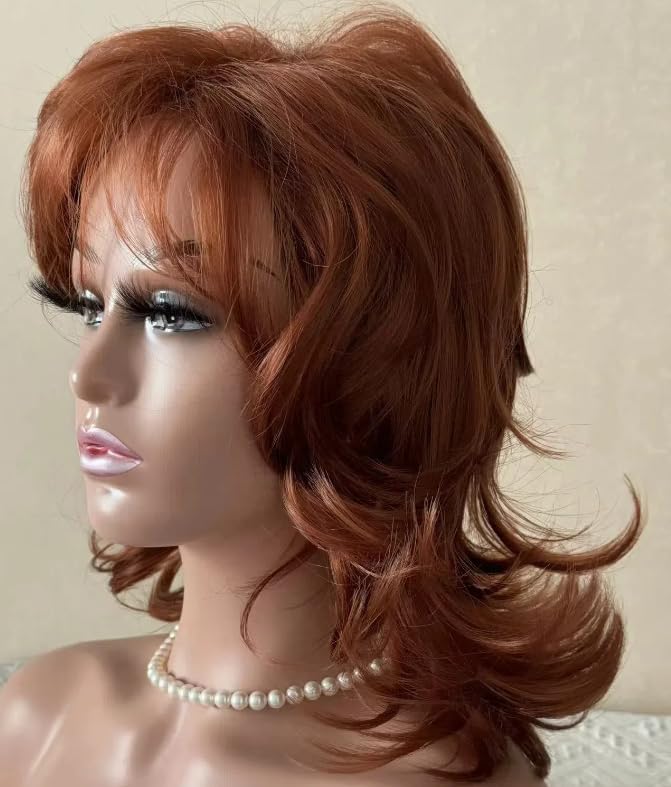Image of Mid Length Shag Capless Wavy Layered Synthetic Hair Wigs Women Natural Auburn For Daily Use, Party, Halloween Wigs (Brown Red)