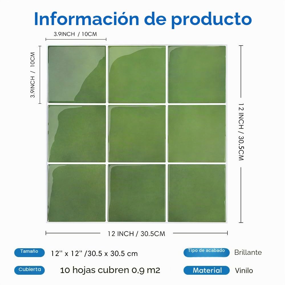 COMSTICKC Más Grueso Azulejos Adhesivos 3D Verde, 10 Piezas, Azulejos Autoadhesivos 3D de Vinilo, Paneles de Pared 3D para Salpicadero en Cocina y Baño, Impermeables, 30.5 x 30.5 cm, 2,5 mm de Grosor