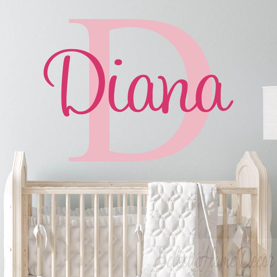 Personalized Name Wall Decal Kids Name Monogram Initial Fancy Cursive Name Decal Wall Decor Vinyl Lettering Gold Vinyl Nursery Wall Decal