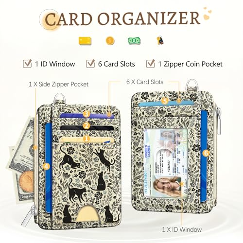 Image of Kelvoris Black Cat Credit Card Holder Slim Wallet Women Small RFID Keychain | Keychain, Zipper Coin Pocket, Front Pocket Thin Travel Card Case, Minimalist, 6 Card Slots, 1 ID Window, Ladies Gifts Woman