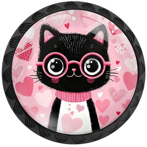 Artinhand Lot de 4 boutons d'armoire ronds en forme de cœur avec chat noir et rose pour armoires de cuisine et de salle de bain