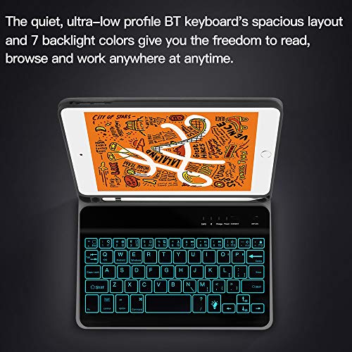 iPad Keyboard Case for iPad 7.9, JUQITECH Smart Case with Backlit Keyboard for iPad Mini 5 5th Gen Mini 4 Detachable Wireless Tablet Rechargeable Back lit Keyboard Cover Case with Pencil Holder, Black