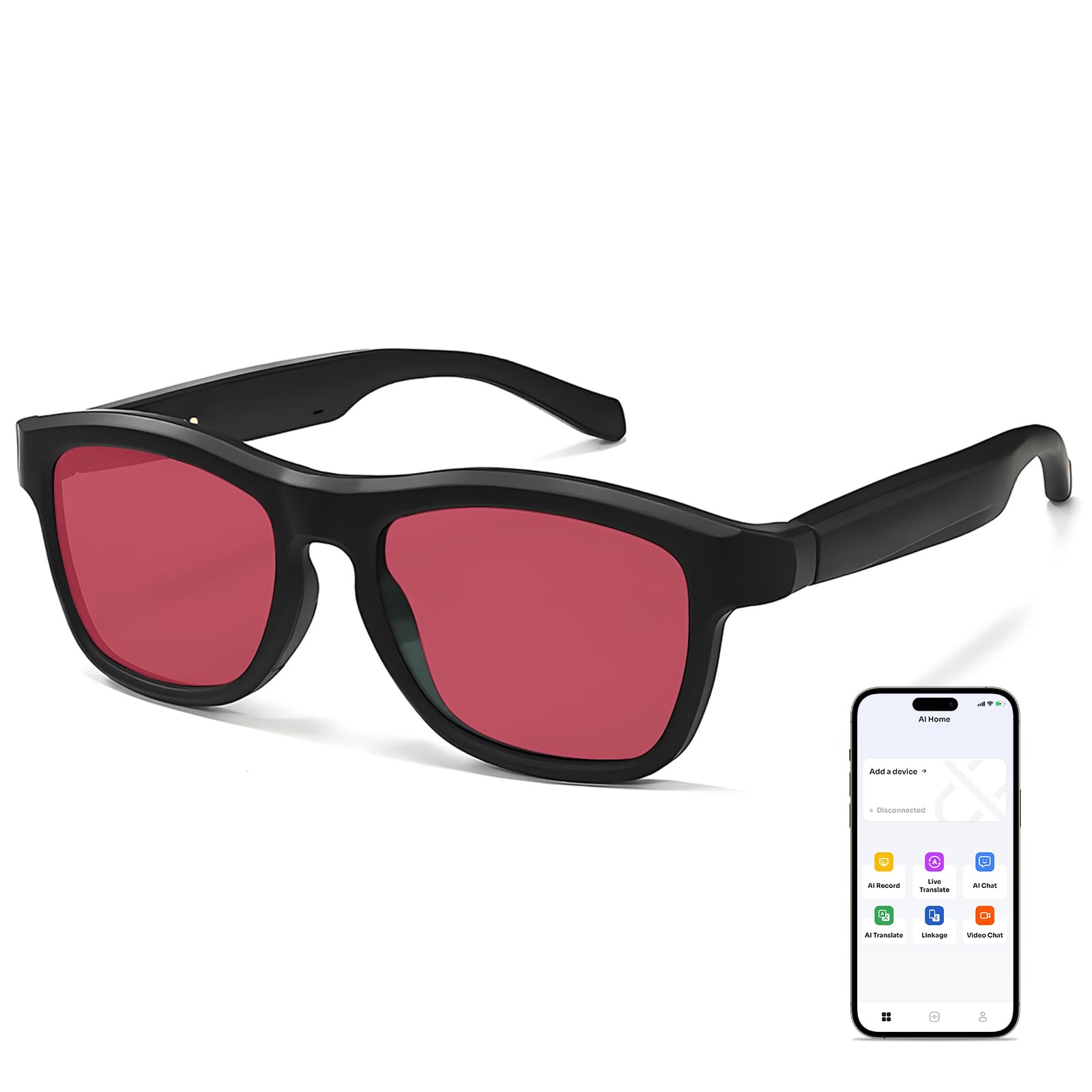 Ai Translation Smart Glasses with Chat GPT Bluetooth for Men Women with 140 Language Black Frame Red Lens