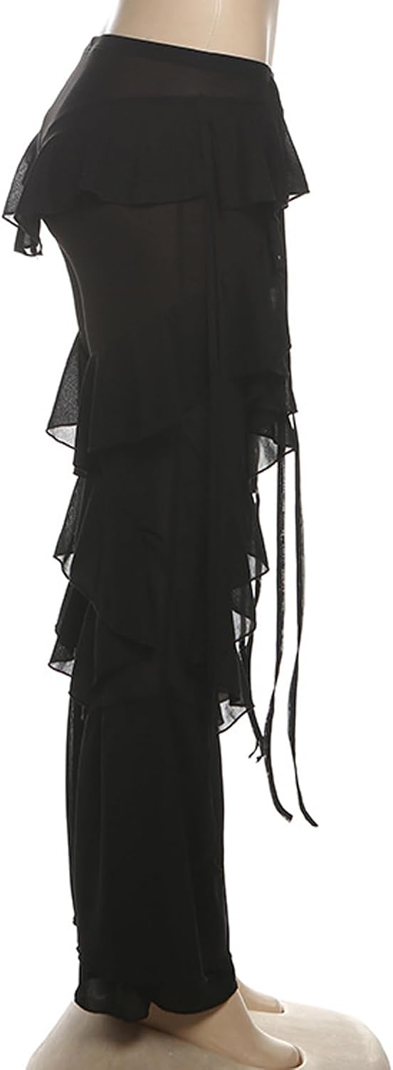 xxxiticat Women’s Chiffon Ruffle Pants Sheer Mesh Tie Flare Beach Trousers | Summer Holiday Vacation Party Elastic High Waisted See Through Slim Fit Ruffled Tassel Fringe Flowy Rave Bell Bottom Outfits