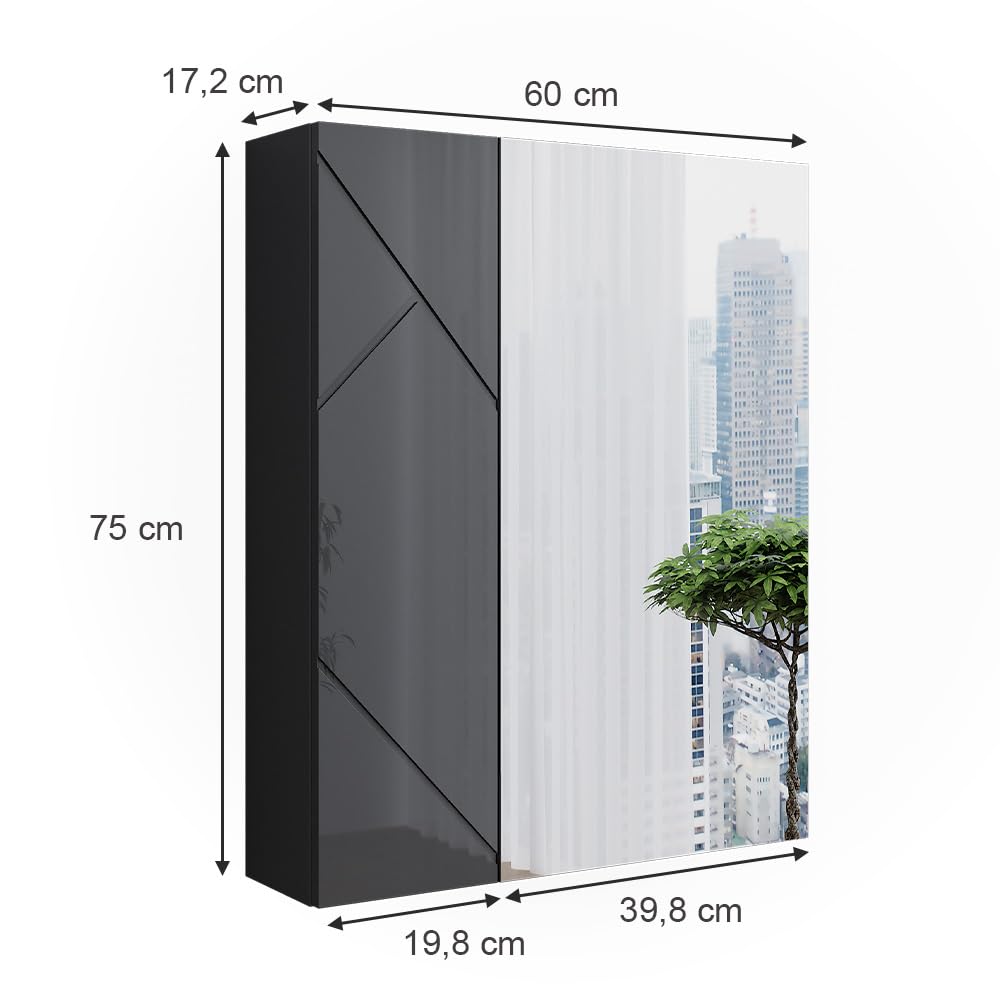 Vicco Badspiegelschrank Irma, Anthrazit Hochglanz/Anthrazit, 60 x 75 cm, zur Wandmontage mit integrierter Spiegelfläche