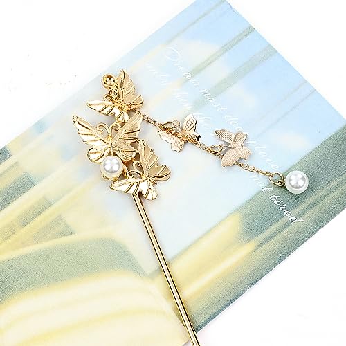 Cinaci 10 Pieces Decorative Vintage Retro Pearl Gold Metal Hair Sticks Pins with Pendants Chinese Hanfu Asian Flower Butterfly Hair Chopsticks Hair Bun Updo Holders Long Hairpins for Women Girls - Thumbnail 7