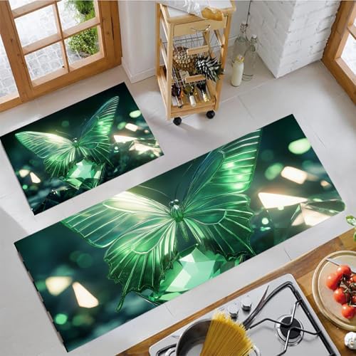Alfombras de cocina antifatiga antideslizantes de mariposa verde para evitar suelos resbaladizos 3