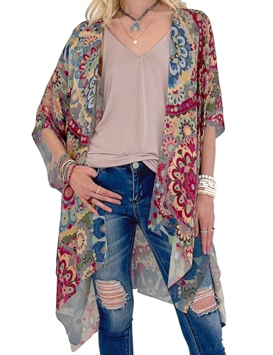 CATCHY & CRAFTY Swimsuit Coverup for Women Kimono Cardigan Beach Floral Boho Print Resort Wear Viscose