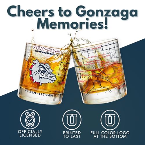 Image of Greenline Goods - University of Gonzaga Bulldogs College Whiskey Glasses (Set of 2), 10 oz - Full-Color Logo + Campus Map