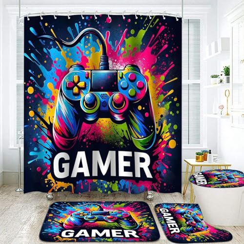 4Pcs Colorful Gaming Shower Curtain Sets Boy Gamer Bathroom Decor