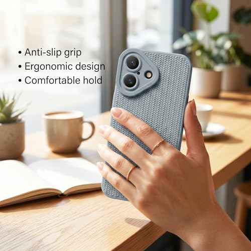 Image of amazon basics Luxury 3D Knitted Texture Soft Silicone Back Cover for iPhone 16 | Slim Fit Shockproof Case with Camera Protection & Non-Slip Grip - Blue