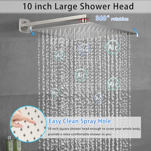 Image of Brushed Nickel Shower System YCAIKOI Wall Mount Shower Faucet Set for Bathroom 10 Inch High Pressure Luxury Shower Head with Handheld, Rough-in Valve Body and Trim Included
