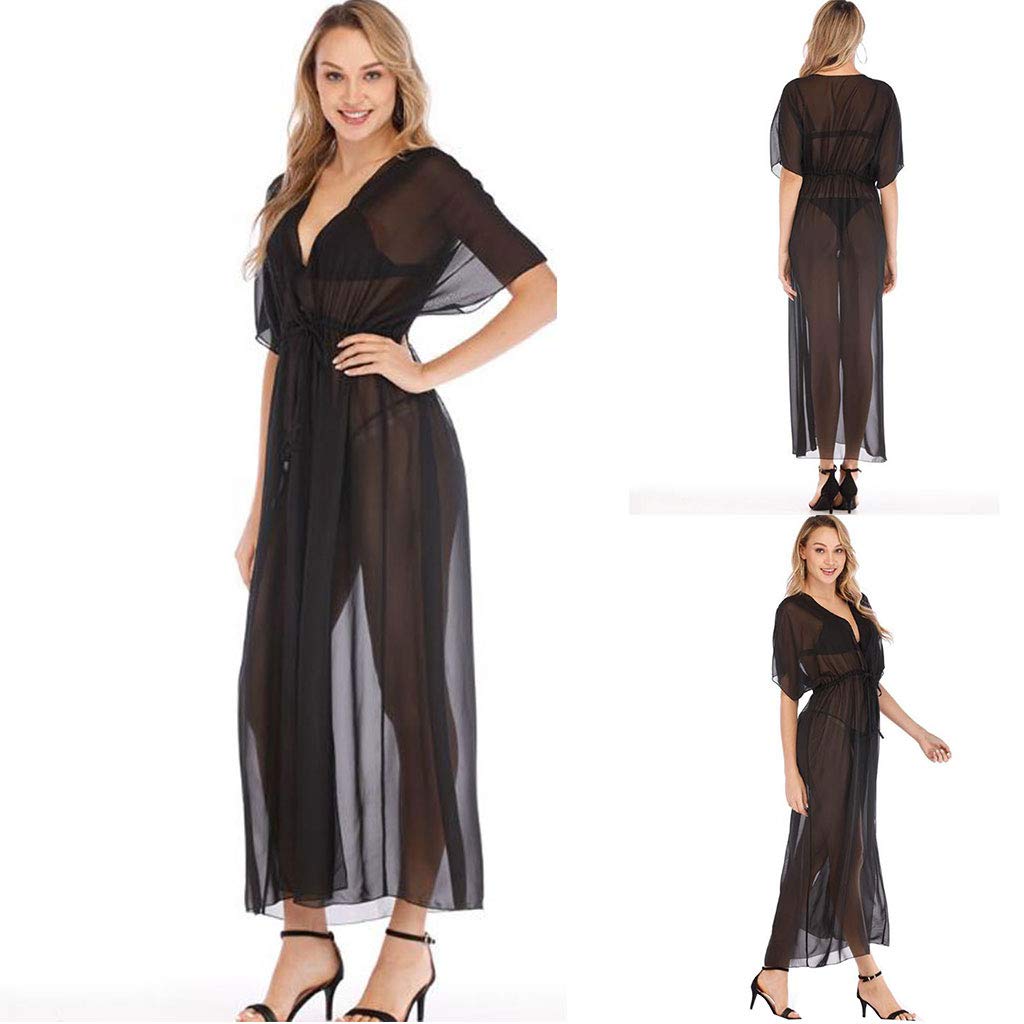 Robe de plage longue à manches mi-longues pour femme avec ouverture sur le devant - Kimono noir transparent à nouer à la taille