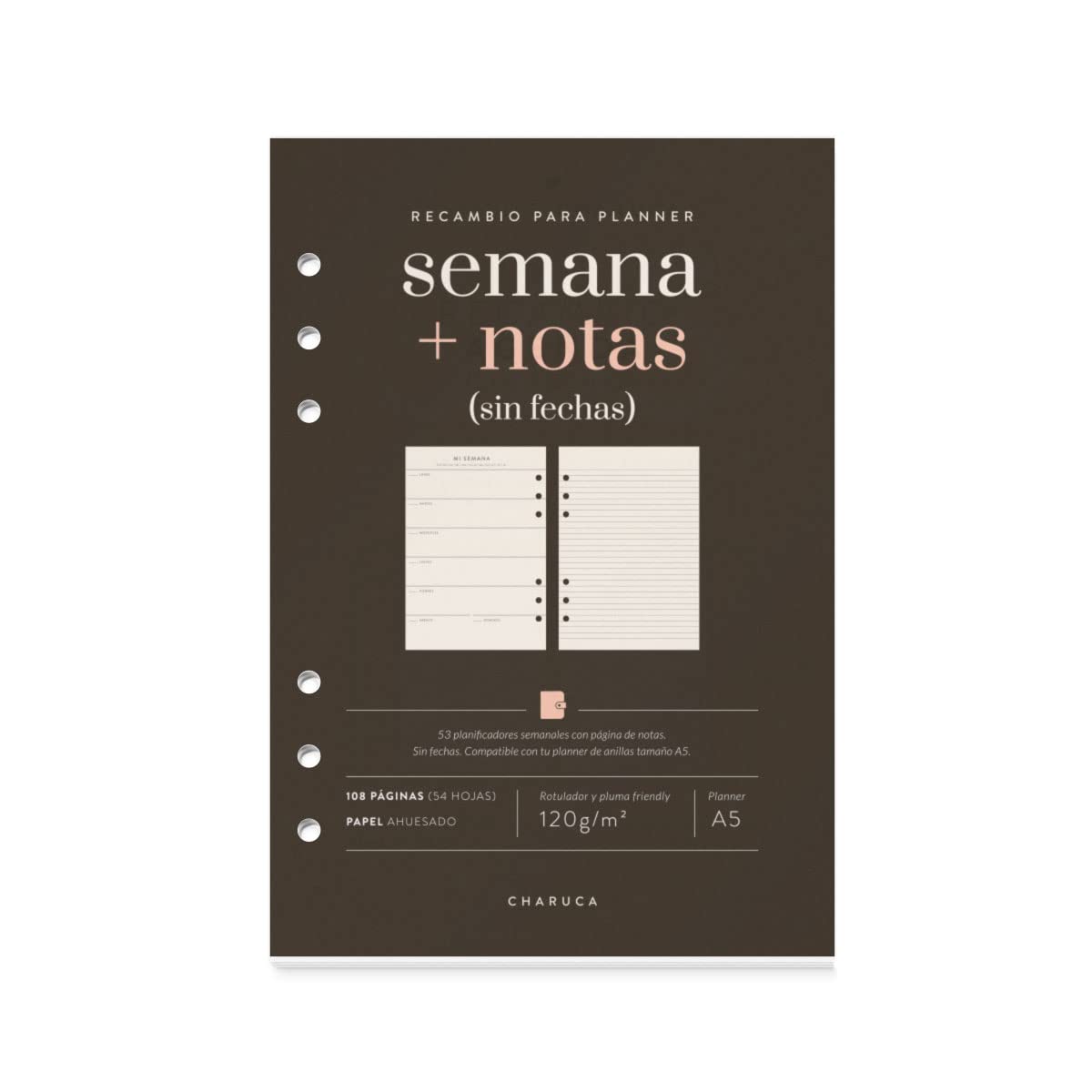 CHARUCA | Agenda ad anelli senza data con confezione di ricambio per agenda senza data+note + blocco note - carta A5 120 g, dimensioni 22 x 16 cm (BLACK)
