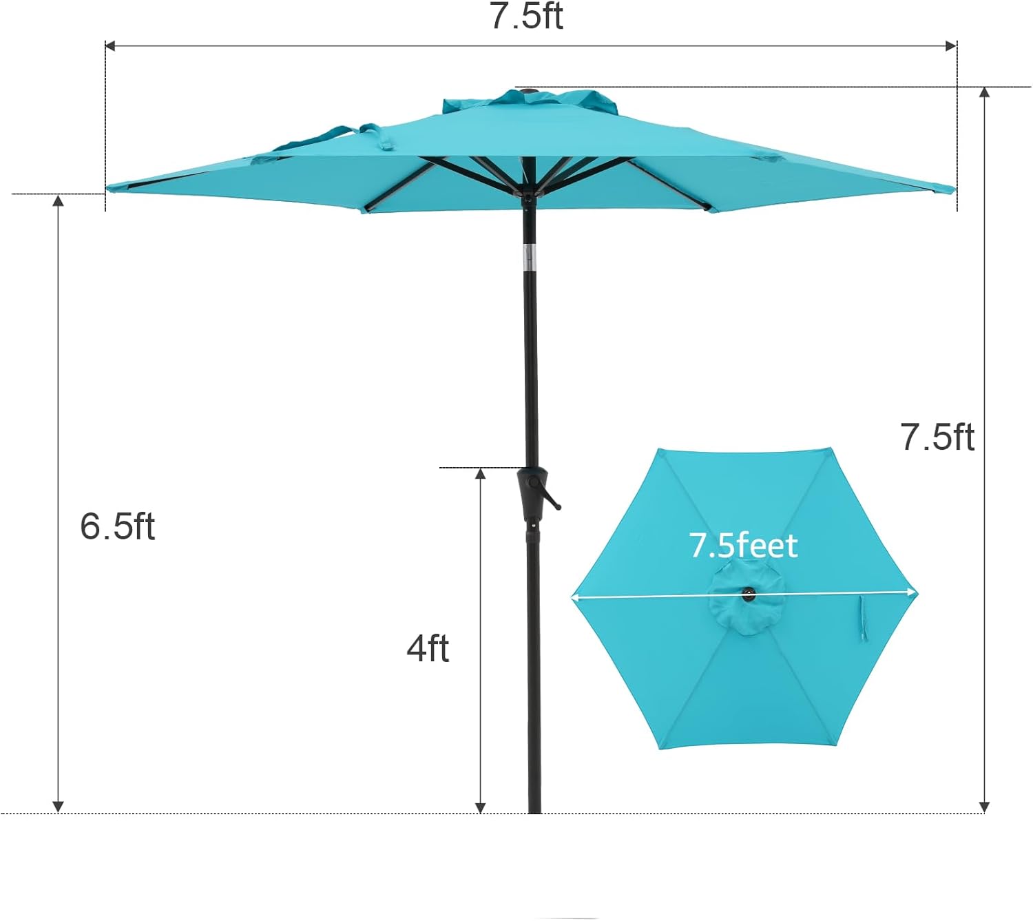 COBANA 7.5 ft Patio Umbrella Outdoor Table Market Umbrella with Push Button Tilt and Crank, 6 Ribs, Turquoise