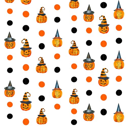 Image of Clearance Pumpkin Polka Dots Garlands Happy Halloween Trick or Treat Boo Sign Witches Hat Pumpkin Black Orange Circle Dot Streamers for Fall Halloween Birthday Bachelorette Party Decorations Supplies