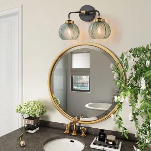 Image of Mid Century Wall Sconce Set of 2 Vintage Black Bathroom Vanity Light Globe Wall Sconces Green Glass Wall Light Art Deco Vintage Bathroom Lights Over Mirror for Bedroom Hallway Living Room