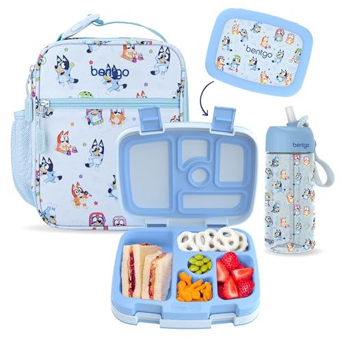 Bentgo + BLUEY 3-Piece Lunchtime Trio Set - Leak-Proof Kids Prints 5-Compartment Bento Lunch Box Insulated Lightweight Tote Bag & Durable Bite & Sip Water Bottle Bundle for Age 3+ (Play Day)