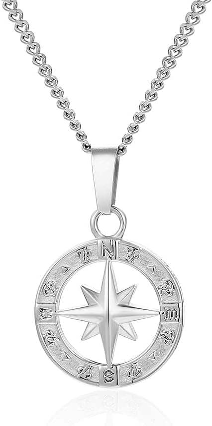 Compass North Star Pendant Stainless Steel Silver Curb Link Chain Mens Necklace - By Twistedpendant (Silver)