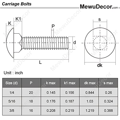 Image of 1 /4-20 x 1-1 /2 inch Carriage Bolts Screws, Stainless Steel 18-8 (304), Round Head, Square Neck, Fully Threaded, 25 PCS