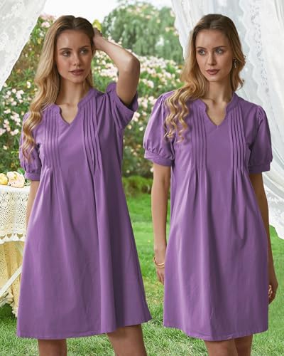 Image of Summer Dresses for Women 2025 Shift Dress V Neck Puff Short Sleeve T Shirt Dress Women's Casual Dresses Sundress