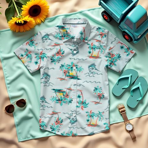 Image of Tommy Bahama Boys Hawaiian Button Down Short Sleeve Shirt & Elastic Waist Shorts Set, Casual 2-Piece Summer Outfit for Kids
