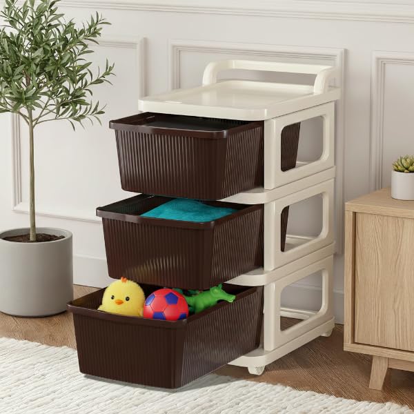 Image of KITCHIVO Heavy Duty Plastic Storage Drawer with Wheels | Modular Cabinet for Bedroom, Office, Home or Classroom| Chest of Drawers Organiser for Cosmetics, Kitchen items, Toys (Brown, 3)