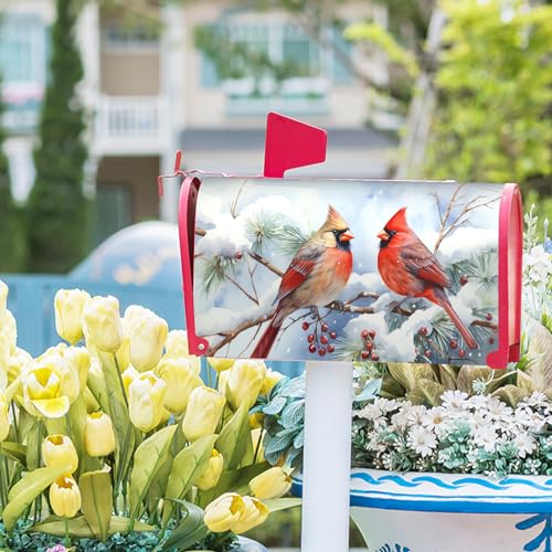 Image of Winter Cardinal Red Birds Magnetic Mailbox Cover Standard Size 18 inch X 21 inch Holly Berry Branches Snow Mailbox Wrap Christmas for Outdoor Post Letter Box Decor