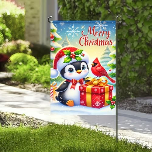 Image of BlissYard Christmas Garden Flag 12x18 Inch Penguins Yard Decor | Double sided polyester, penguins with scarves design, playful animal decor for Christmas porch and yard