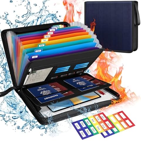 Accordion File Organizer, 13 Pockets Fireproof Expanding File Folder with Handle, Business Document Organizer Folder with Zipper & Label, Paper Folder for Letter & A4 Files (Blue) Cover