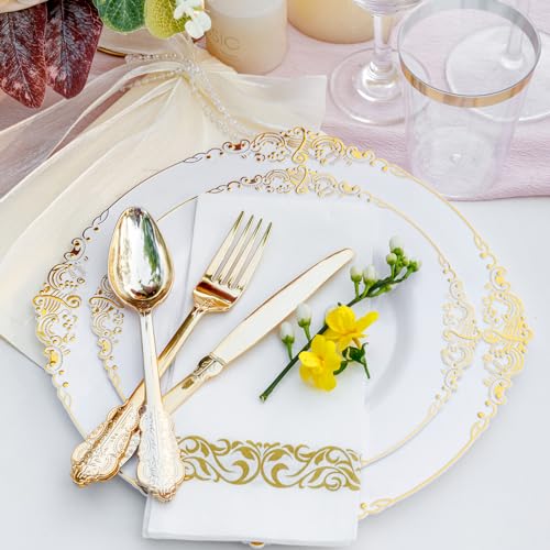 Nervure 350PCS Gold Plastic Plates - Gold Plastic Dinnerware Sets for 50 Guests - 100 Disposable Plates, 150 Silverware, 50 Cups, 50 Napkins for Wedding & Party & Graduation