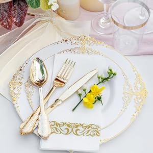Nervure 350PCS Gold Plastic Plates - Gold Plastic Dinnerware Sets for 50 Guests - 100 Disposable Plates, 150 Silverware, 50 Cups, 50 Napkins for Wedding & Party Nervure 350PCS Gold Plastic Plates Gold Plastic Dinnerware Sets for 50 Guests 100 Disposable Plates 150 Silverware 50 Cups 50 Napkins for Wedding Party