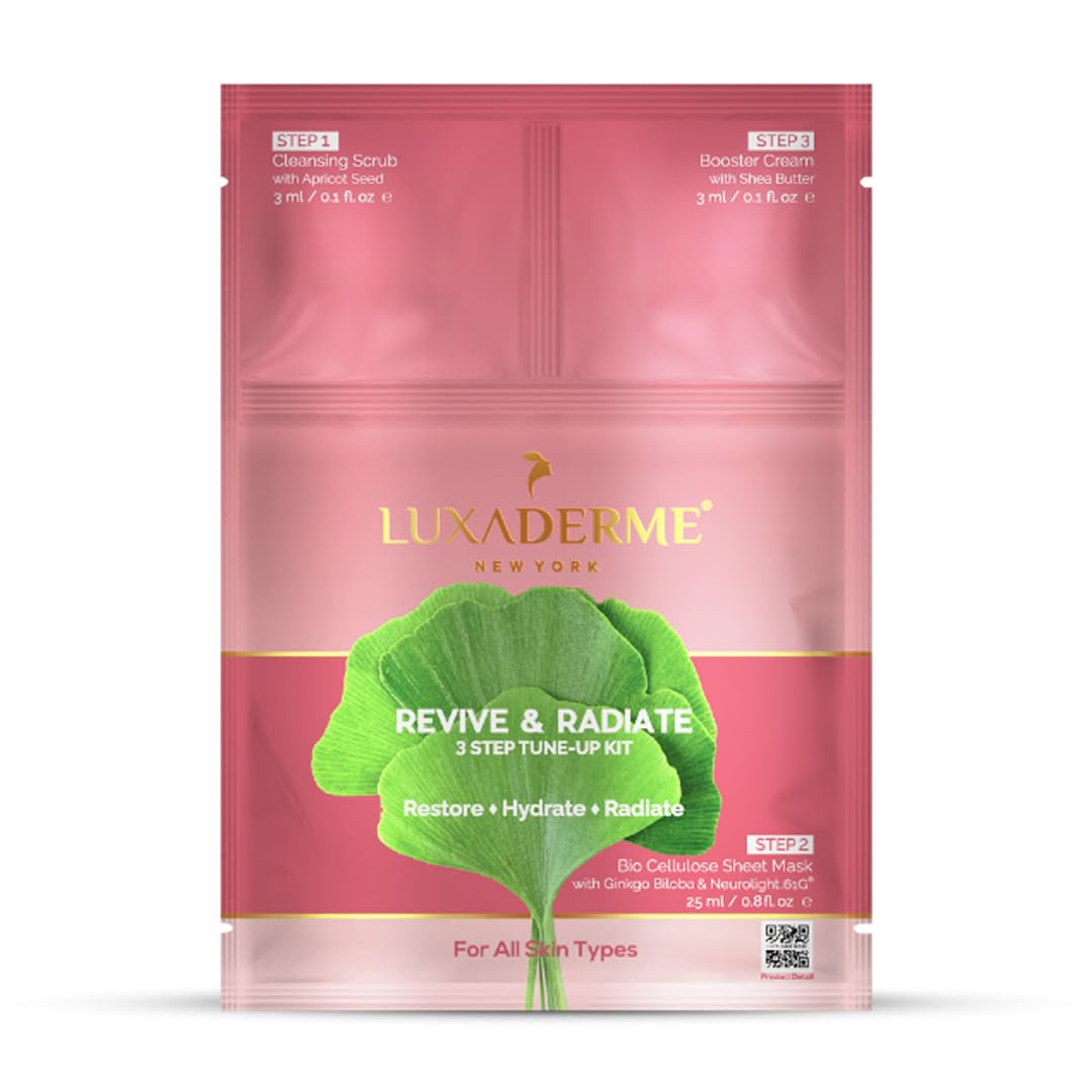 LuxaDerme Revive & Radiate 3 Step Tune-Up Kit - Cleansing Scrub, Bio Cellulose Sheet Mask, Booster Cream