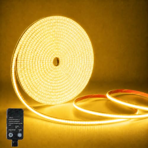 COB LED Streifen 10M mit Lichtsensor Timer 3000K Warmweiss LED Strip 24V Led Leiste mit Netzteil CRI90+ 10mm Breit Silikon Flexibel Lichtleiste für Dachtraufe Garten Terrasse Hof Küche