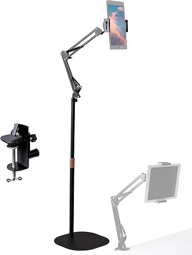 Soporte de piso para tableta con abrazadera de base reemplazable, soporte de teléfono extraíble de doble propósito, soporte de piso para iPad de