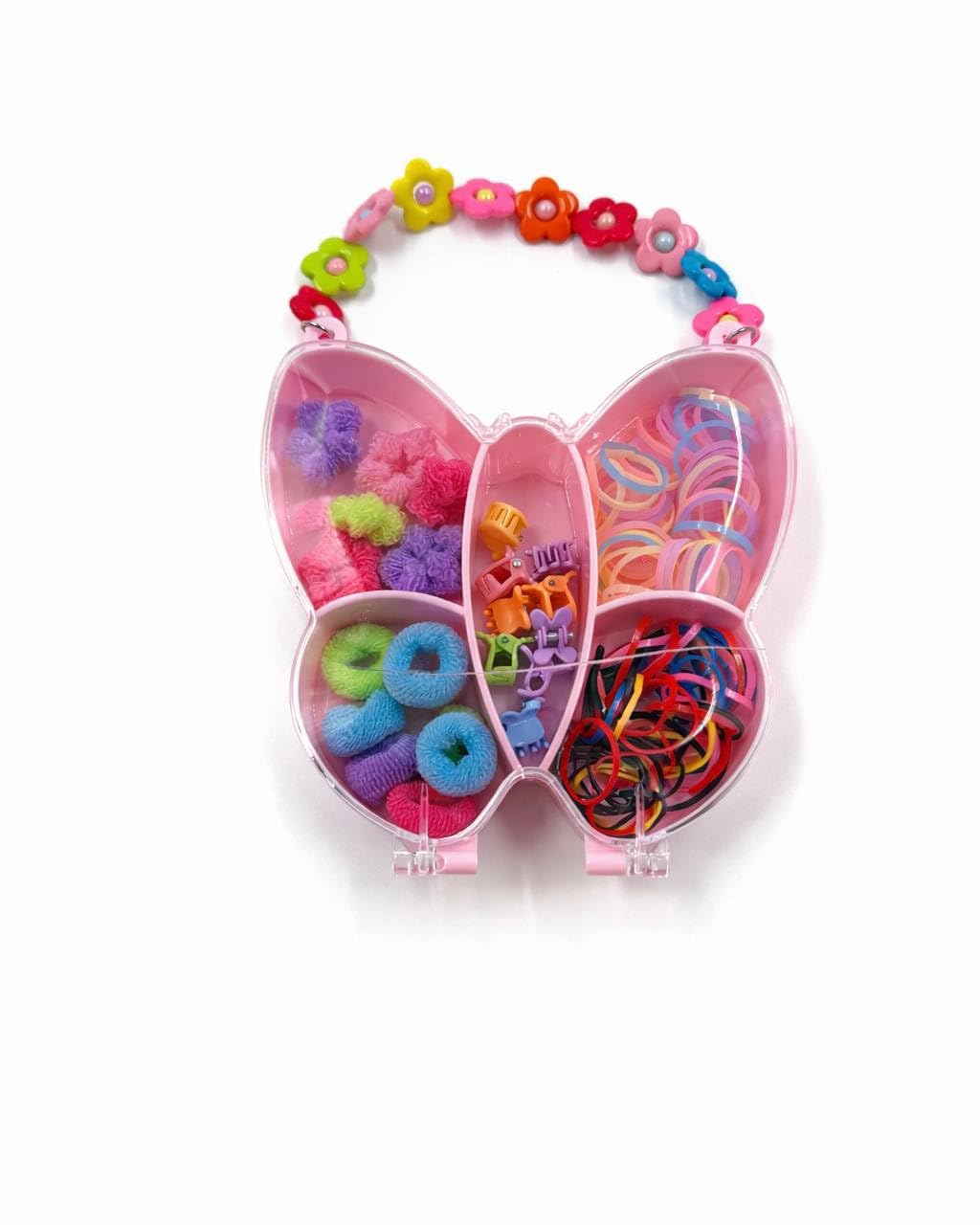 Kelebek Şekilli Pembe Saç Aksesuarları Seti, Renkli Lastikler, Tokalar ve Scrunchie, Kız Çocukları için
